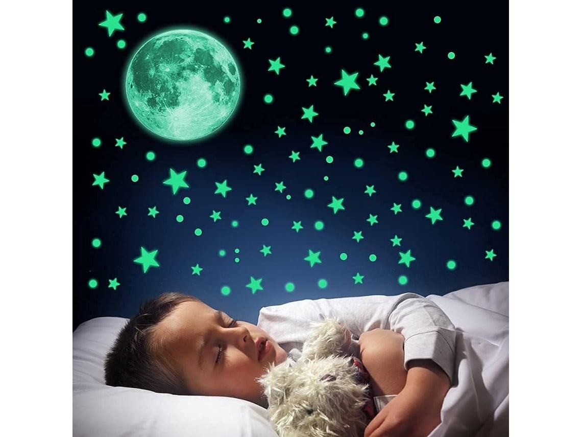Pegatina de estrella de luz nocturna, pegatina de pared de luna y estrella brillante, estrellas brillantes para el techo