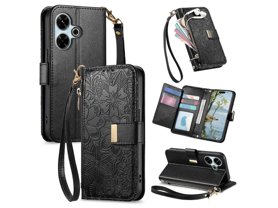Capa Carteira De Couro Com Zíper, Estampa De Flores E Folhas, Com Alça, Para Celular Redmi 13 4g/5g