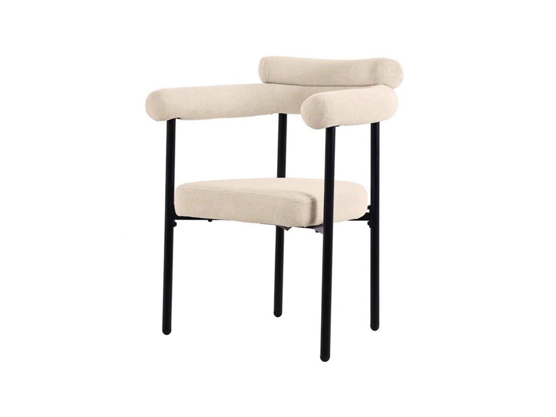 Conjunto de mesa e cadeiras (7 peças), com pés de mesa em metal, inclui 6 cadeiras Ocas em tecido bege camurça, elegantes e confortáveis.