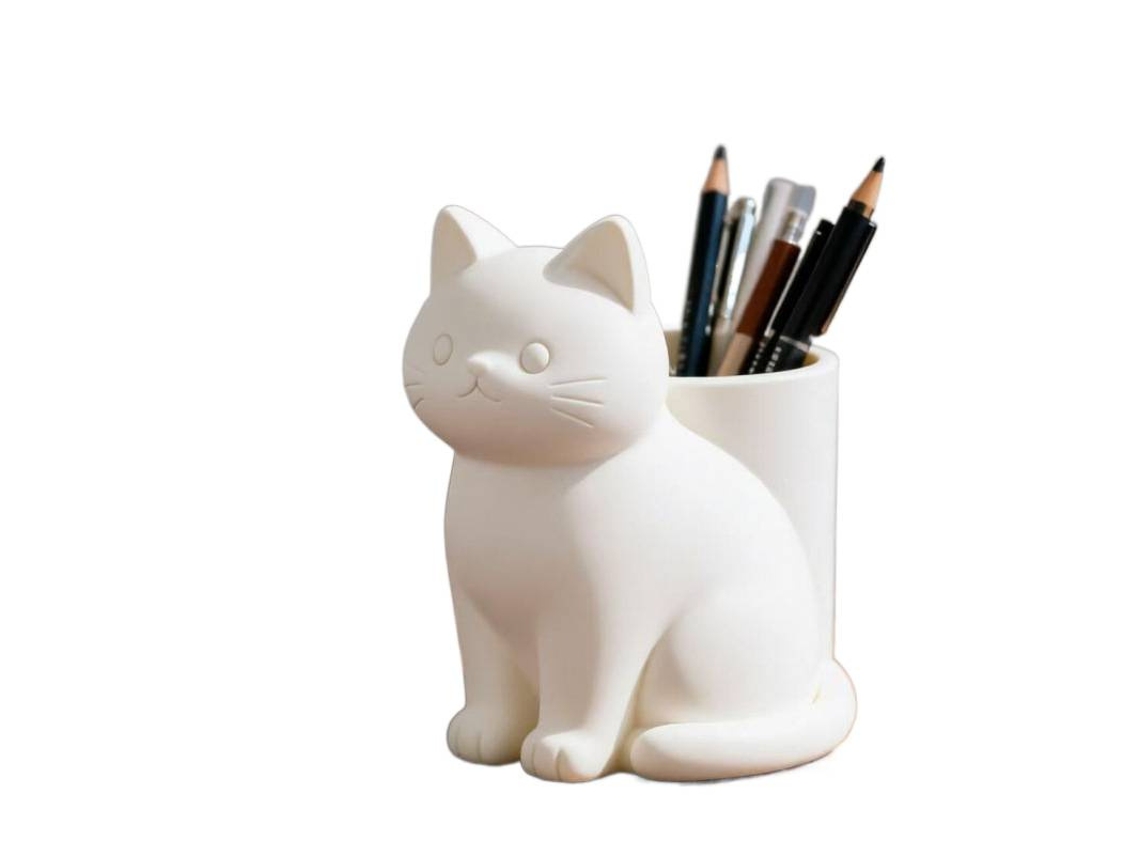 Porta Caneta Gato Branco, Organizador de Mesa Criativo, Organizador Fofo Maquiagem Pinceis, Mesa Decorativa Enfeite