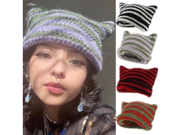 2026 gorro de Lã Feito À Mão com Orelhas de Gato e Chifres Diabólicos para Mulher, Quente no Inverno, Presente de Halloween