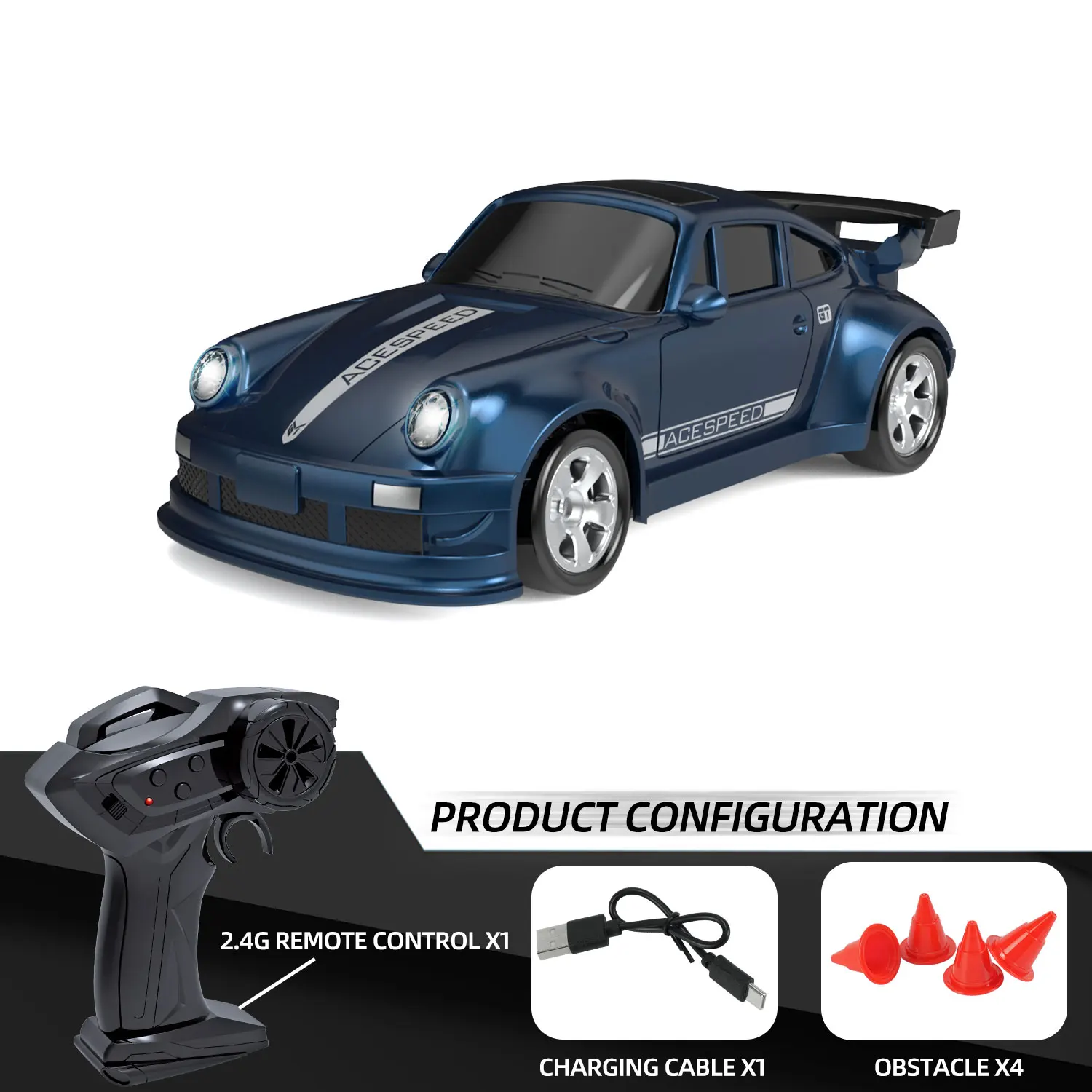 Mini Carro de Mesa com Controle Remoto e Luzes, Brinquedo Elétrico de Verdade MDUG (azul)