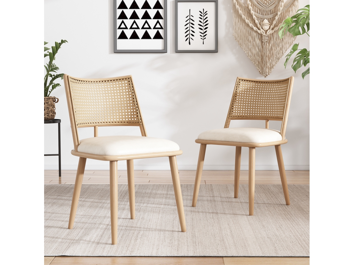 Conjunto De Duas Cadeiras De Jantar Com Assentos Em Pele Sintética E Encostos Em Rattan, Ideais Para A Sala De Estar Ou Quarto.