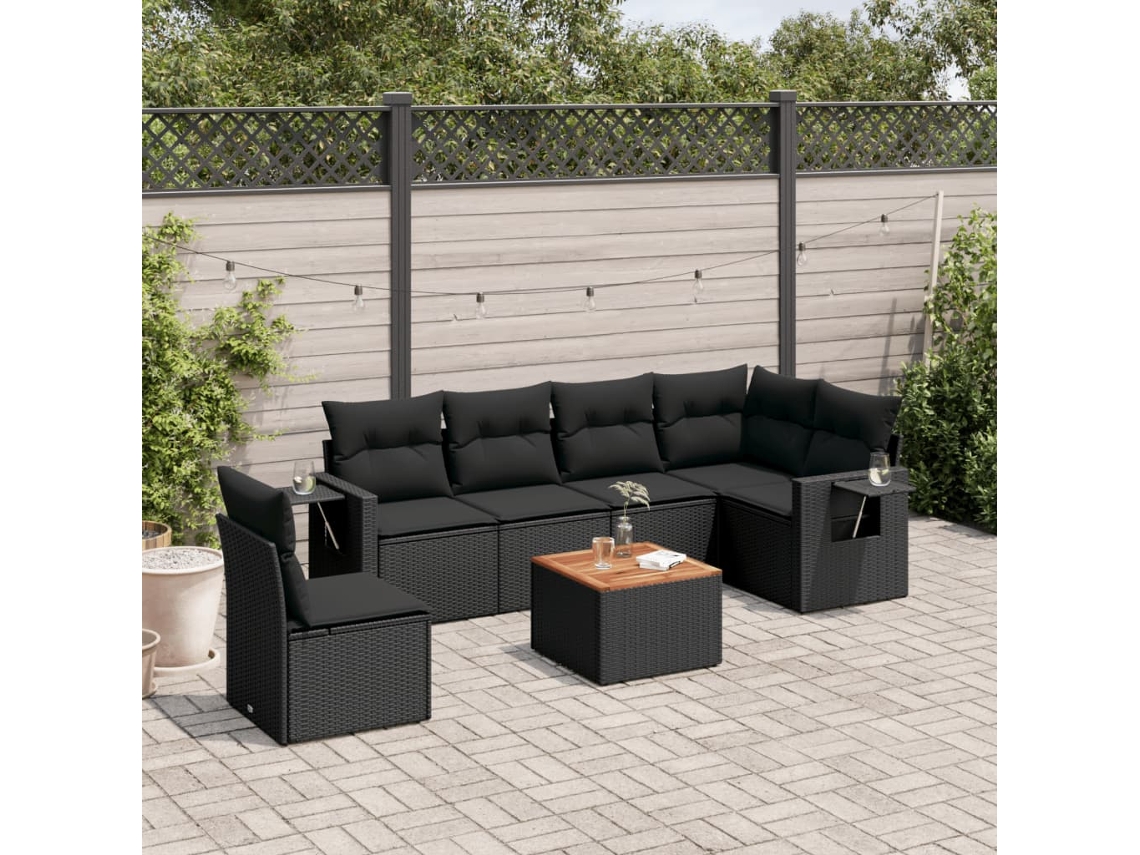 Vidaxl 7 Pcs Conjunto De Sofás P/ Jardim C/ Almofadões Vime Pe Preto