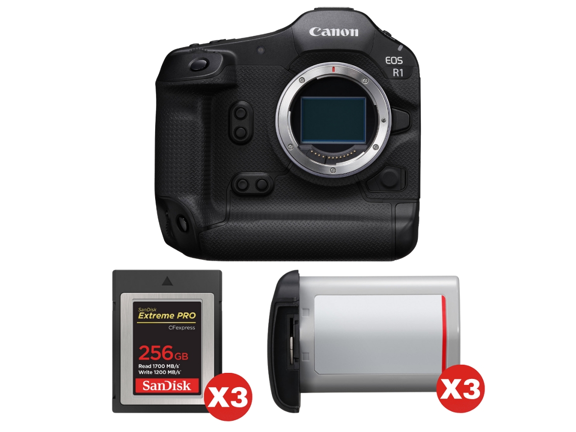 Eos R1 + 3 Sandisk 256gb Extreme Pro Cfexpress Type B + 3 Canon Lp e19 + Ebook “20 Dicas para Fotos Que Impressionam” CANON
