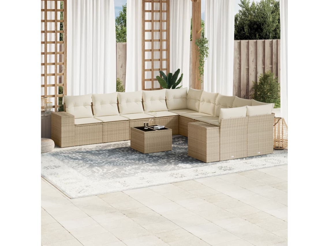Vidaxl 11 Pcs Conjunto Sofás De Jardim C/ Almofadões Vime Pe Bege