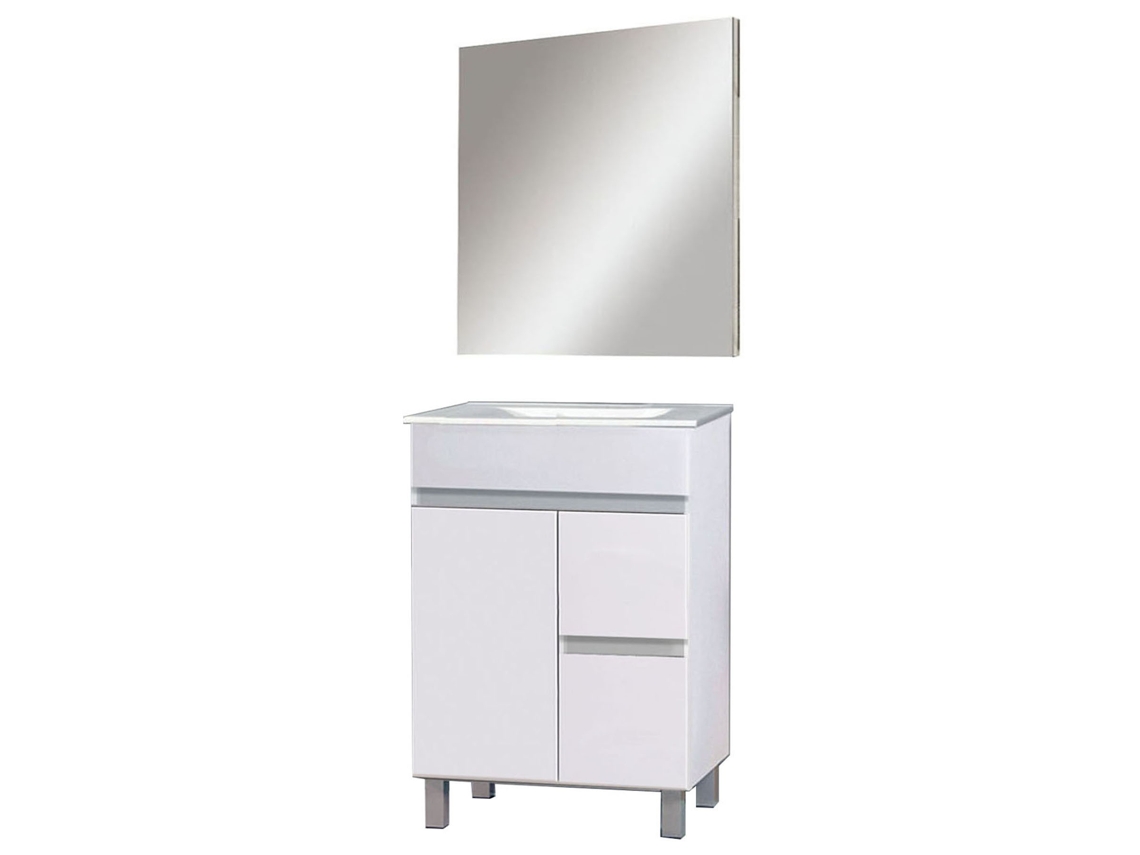Móvel Banheiro Com Pia, Espelho E Aplique Led Urban 70x45 Cm Acabamento Branco Brilho 2 Gavetas E Porta Kibath