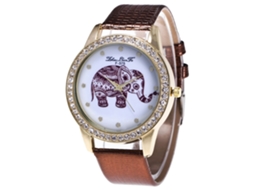 Relógio Feminino de Quartzo com Pulseira de Couro Pu e Strass Padrão Elefante Café
