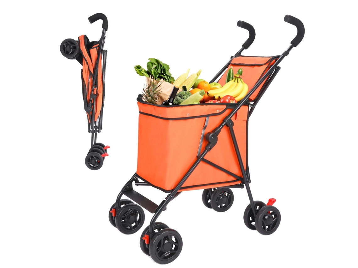 Carrinho De Mercado Dobrável, Tecido Leve, Ampla Capacidade, Laranja