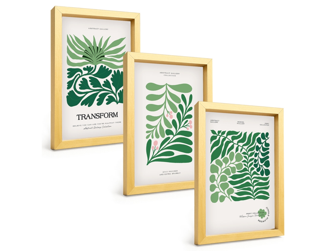 Conjunto De Pinturasfolhas Verdes, Plantas, Formas Moldura Dourada Quadros Para A Sala De Estar Espelharte (3 Peças 20x30 Cm)