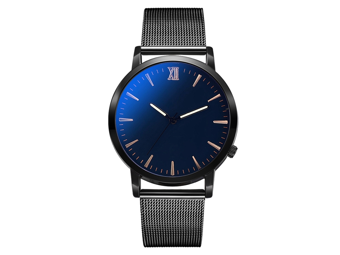Relógio de pulso masculino casual e moderno com mostrador em liga metálica, movimento de quartzo, nas cores preto e azul.