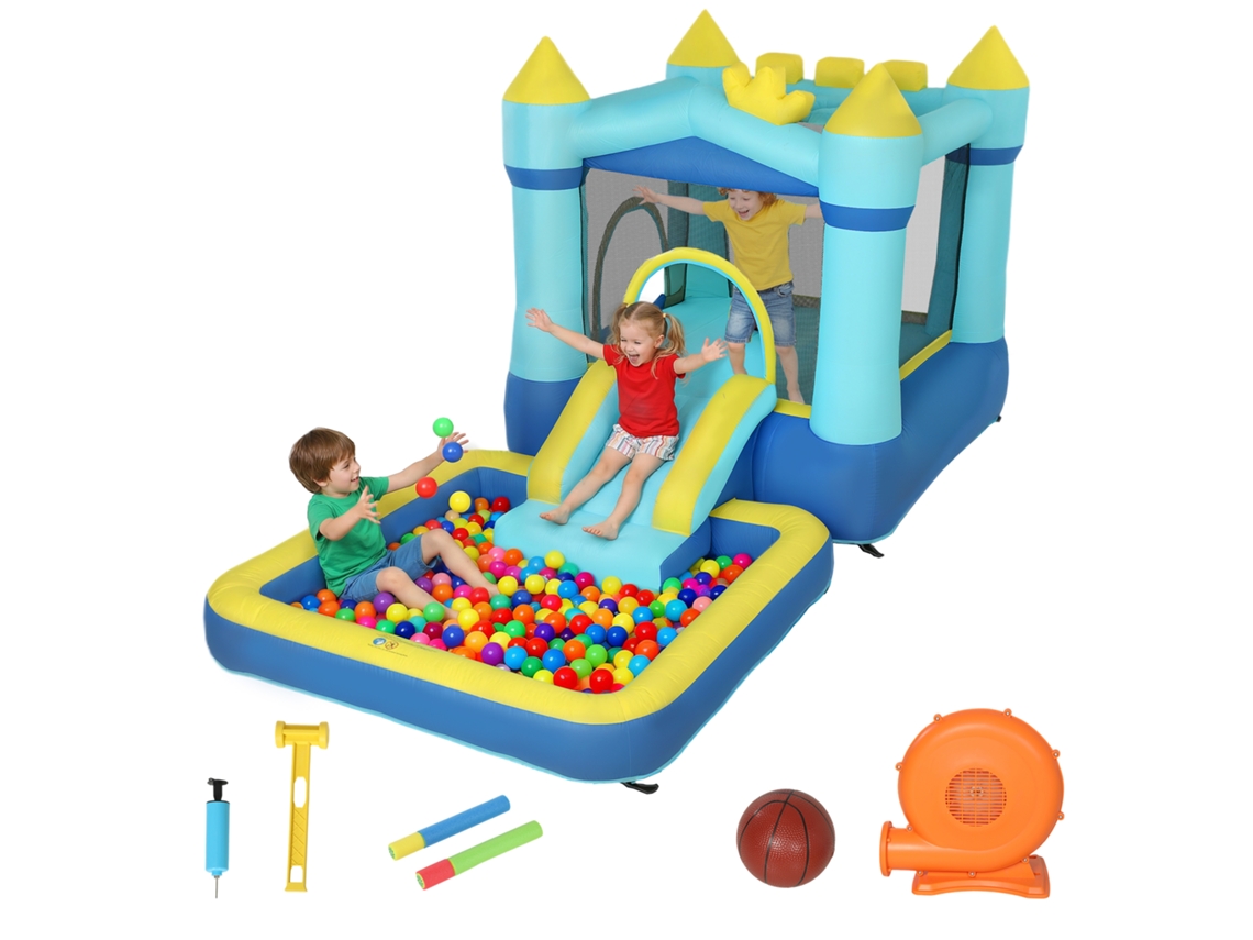 Castelo Insuflável Para Crianças Com Escorrega, Cama Elástica, Piscina E Aro De Basquetebol Para Dos 3 Aos 8 Anos, Azul