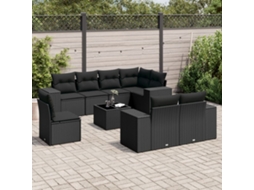 9 Pcs Conjunto De Sofás P/ Jardim C/ Almofadões Vime Pe Preto Dkd Home Decor