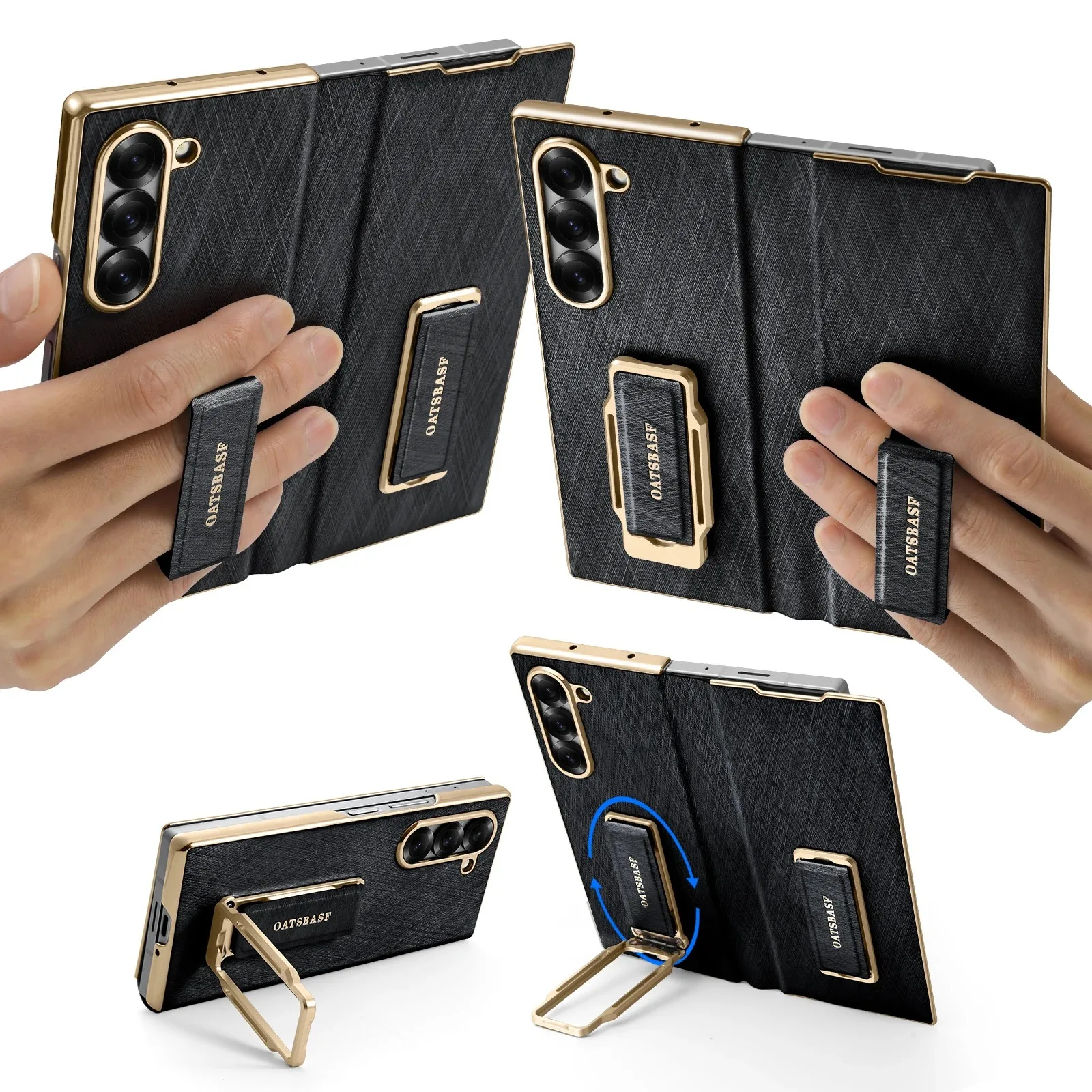 Capa Para Celular (galaxy Z Fold 7 Preta) Com Revestimento Protetor Em Couro, Alças Duplas Para Pulso E Suporte Giratório 360°.