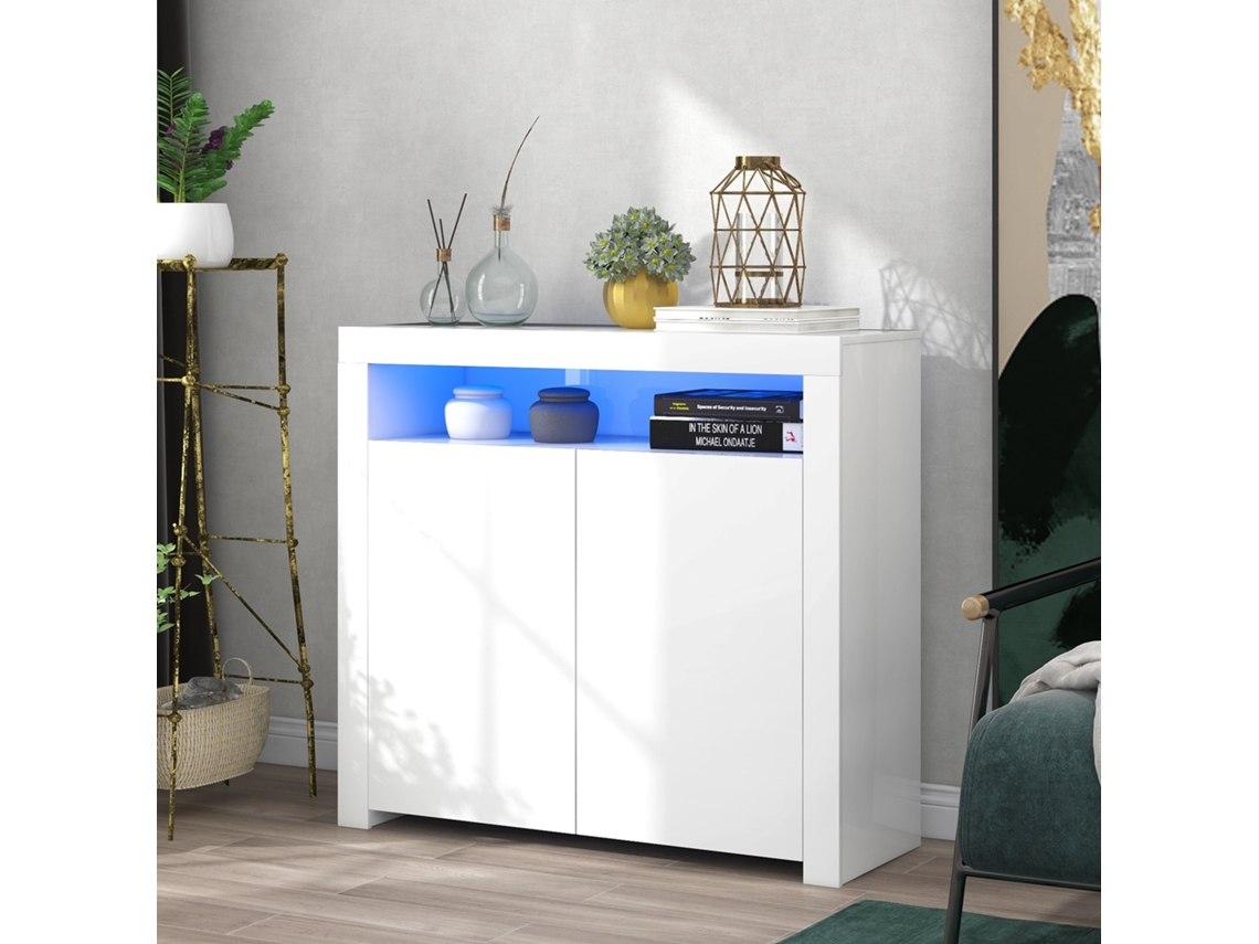 Aparador Madeira Branco Led 2 Portas 108x40x92cm Moderno