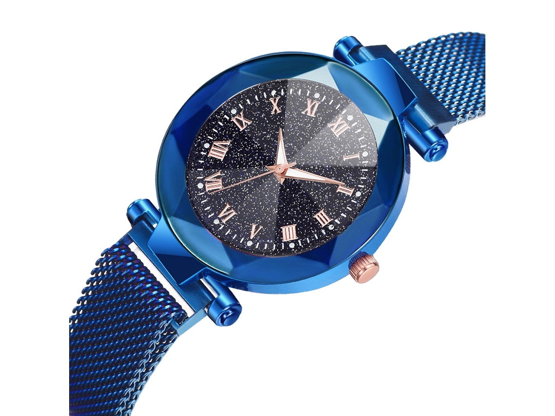 Relógio Feminino de Quartzo com Pulseira de Malha e Botão Magnético Mostrador Redondo Azul