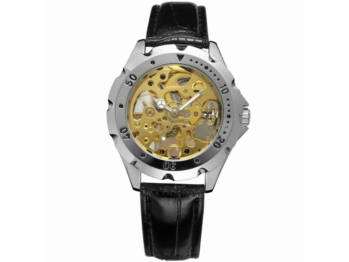 Reloj Mecánico De Aleación Con Correa De Cuero Para Hombres Dorado De Moda