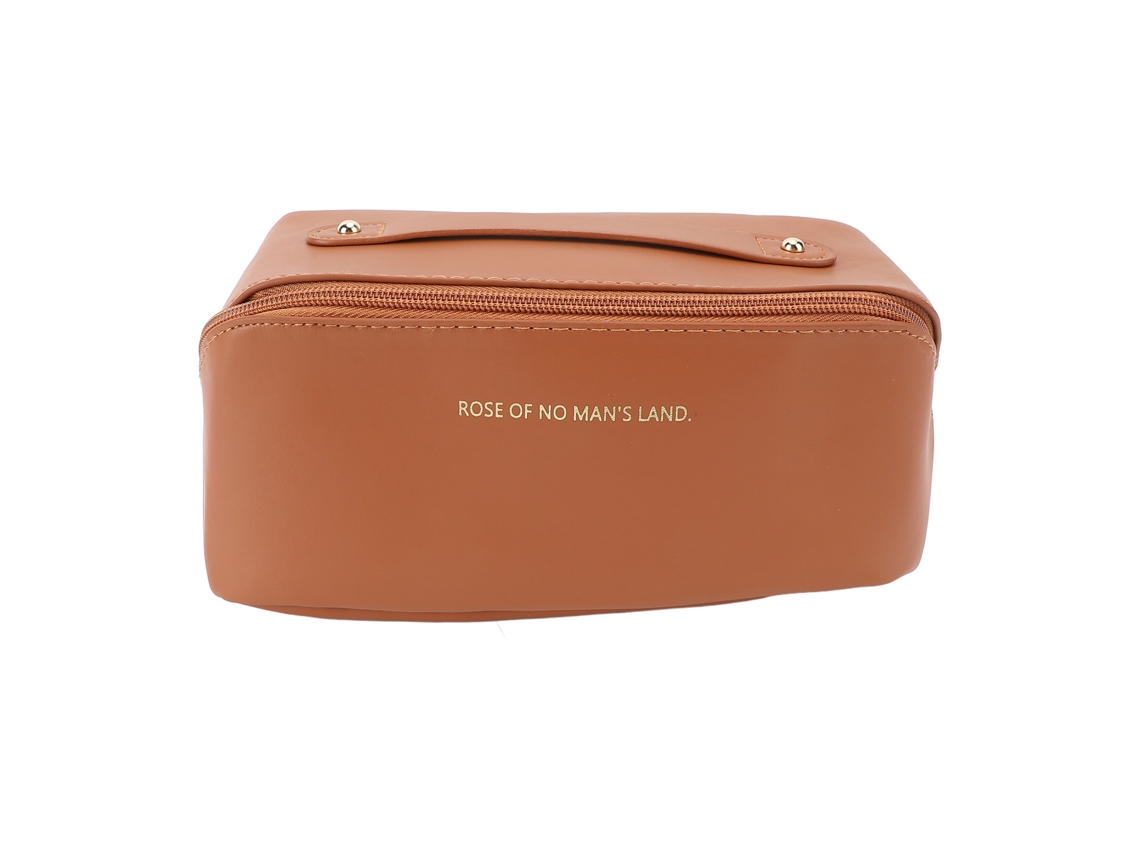 Bolsa de Maquiagem de Viagem Couro Pu Impermeável com Alça Grande Capacidade Marrom