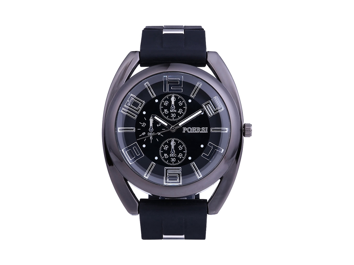 Relógio de pulso masculino de silicone com três mostradores, mostrador redondo, estilo casual, quartzo, preto.