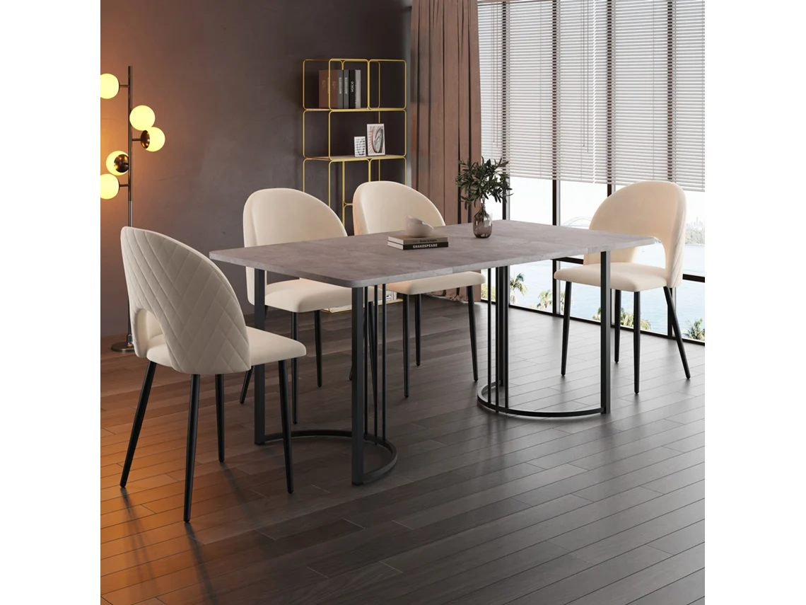 Conjunto Jantar 140x80cm + 4 Cadeiras Veludo Bege, Diamante, Pernas Pretas (cinza).-qq