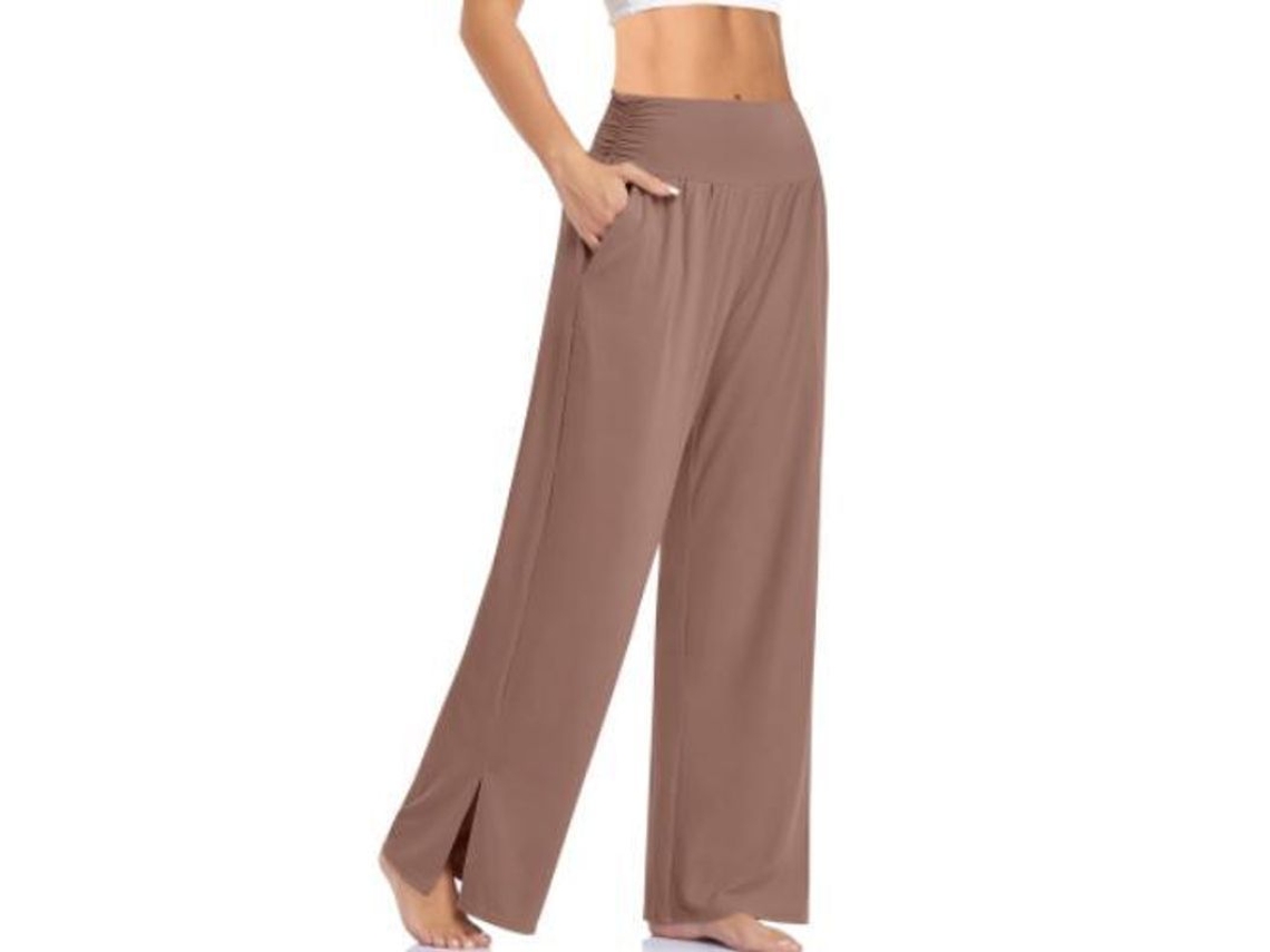 2026 pantalones de Yoga de Pierna Ancha para Mujer de Cintura Alta Con Bolsillos Y Nudo Ajustable S Café Claro