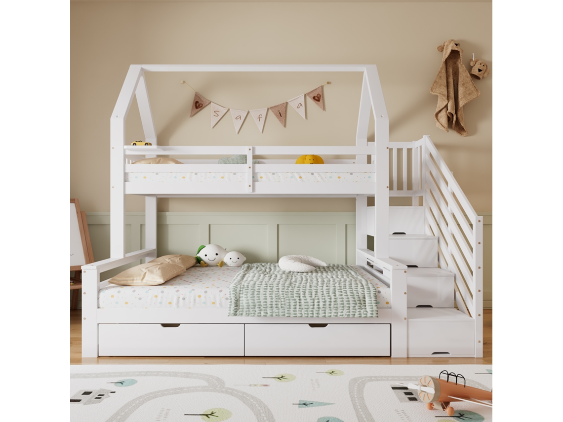 Cama Beliche Infantil 90x200/140x200cm Com Gavetas E Escada