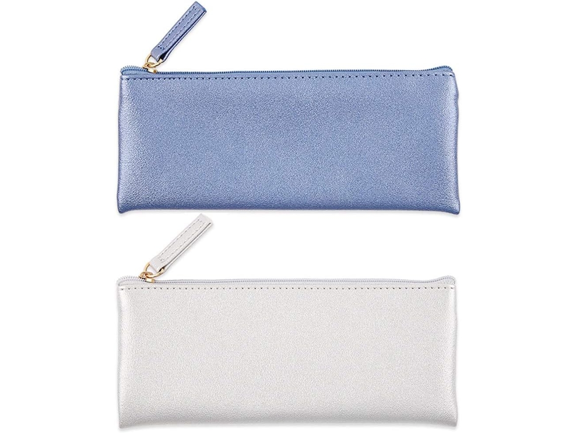 Bolsa Tipo Nécessaire Em Couro Com Zíper, De Maquiagem Macia, Estojo Para Cosméticos, Azul, Dourado Prateado