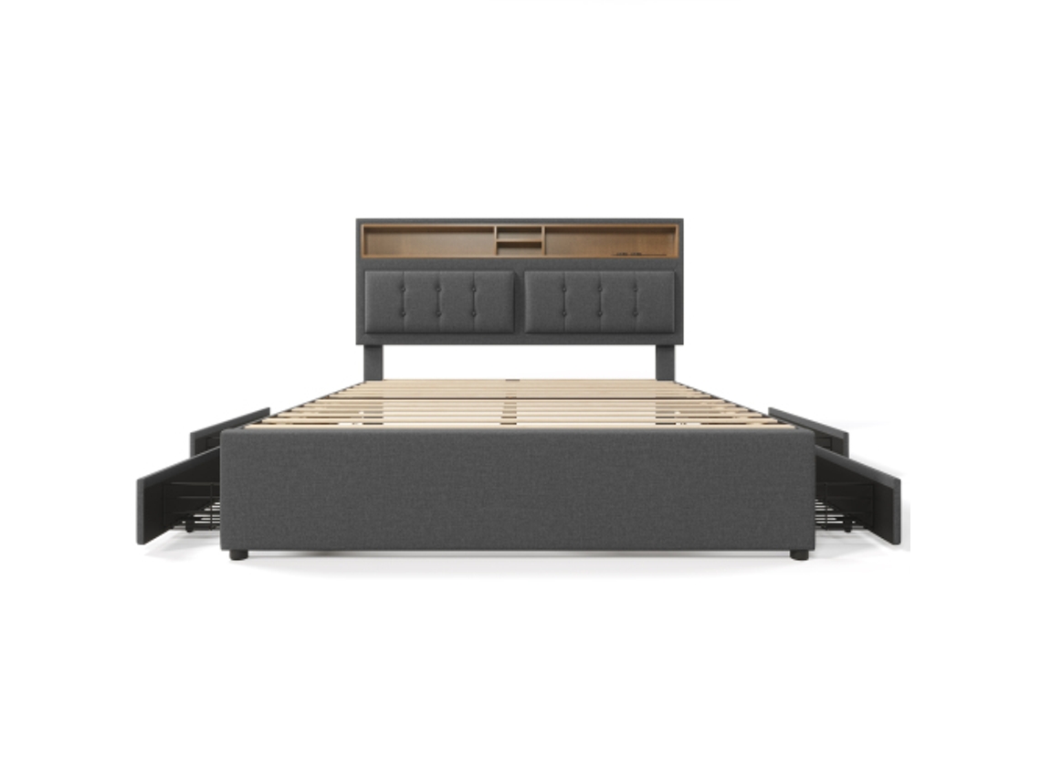 Cama De Casal 160x200 Estofada 4 Gavetas Usb C Cabeceira Regulável Madeira Sem Colchão Ziwei Store