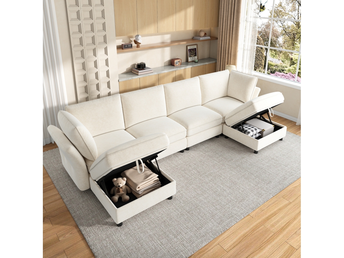 Sofá De Canto Modular U/l 6 Lugares Com Pufe Com Arrumação, Design Cloud Em Chenille, Para Sala E Quarto, Bege