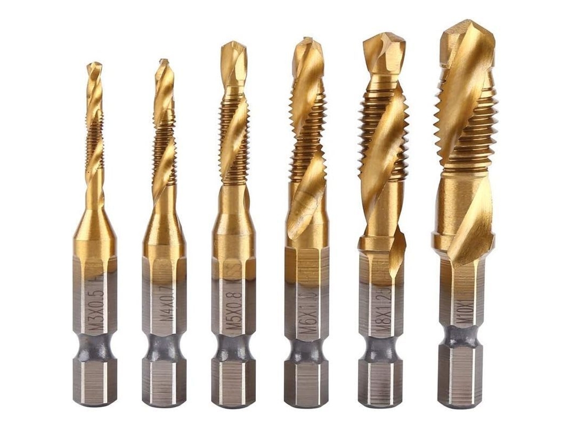 6 Peças De Brocas E Tarros Métricos M3-m10 Hss Revestido Com Titânio 1/4" Hexagonal Para Furadeira E Rosqueamento Máquina