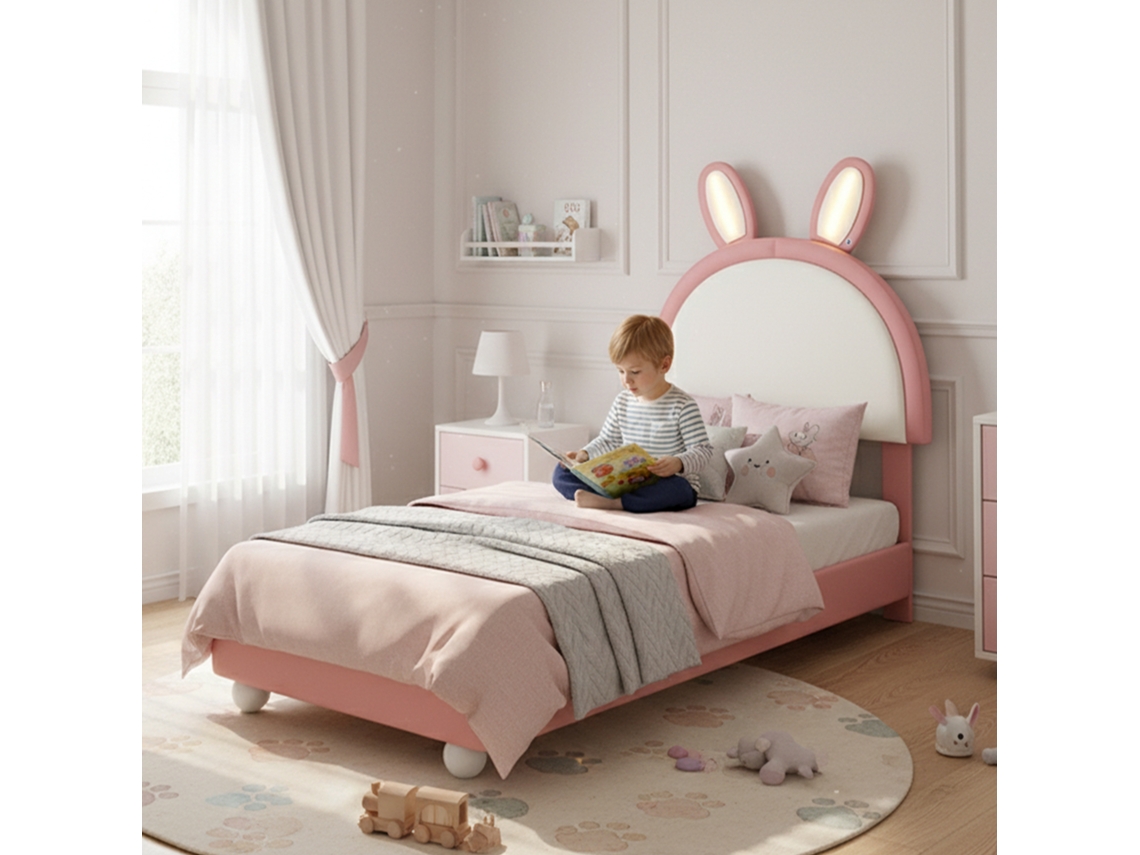 Cama De Solteiro Estofada Com Cabeceira De Coelho E Luz Led Pu 90x200 Cm Rosa E Branco