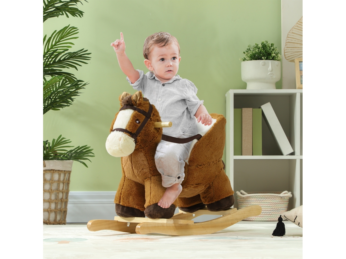 Cavalo De Balanço Pelúcia Infantil, Base Madeira Som, Passeio Crianças 18-36 Meses, Marrom