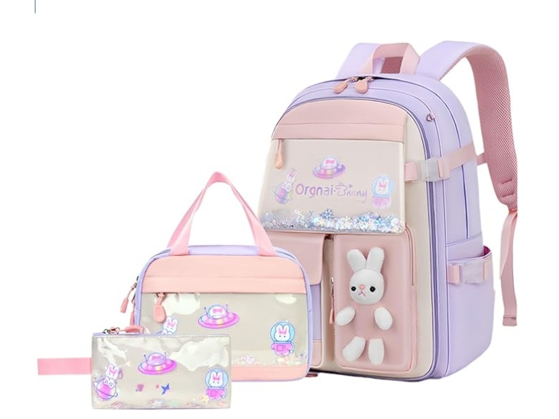 Mochila Escolar De Três Peças Com Lancheira E Estojo Para Meninas Adolescentes Roxo Siurn