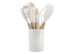 Conjunto De 12 Utensílios De Cozinha Em Silicone - Cabos De Madeira Antiderrapantes E Balde Organizador Térmico