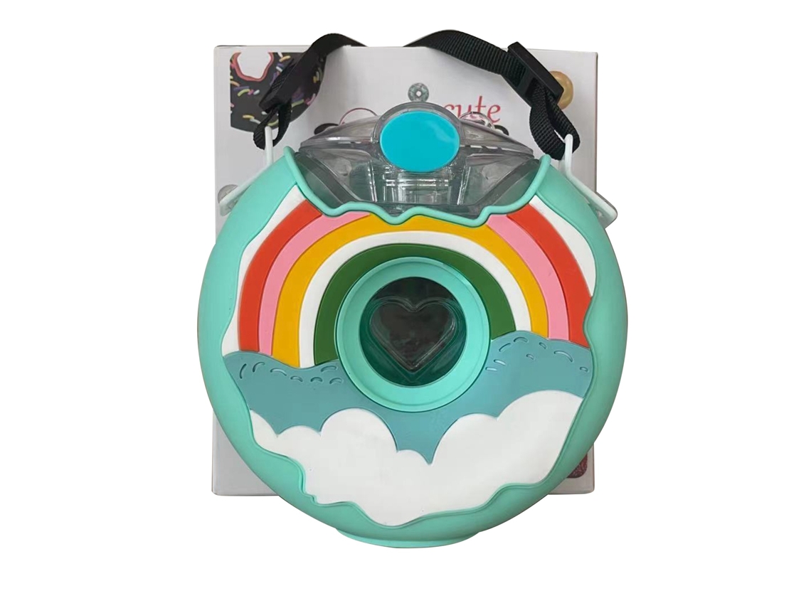 Garrafa Doughnut 380ml Fofa Anti-vazamento Portátil Bpa Livre Silicone Pc Com Correia Para Viagem Arco-íris Azul