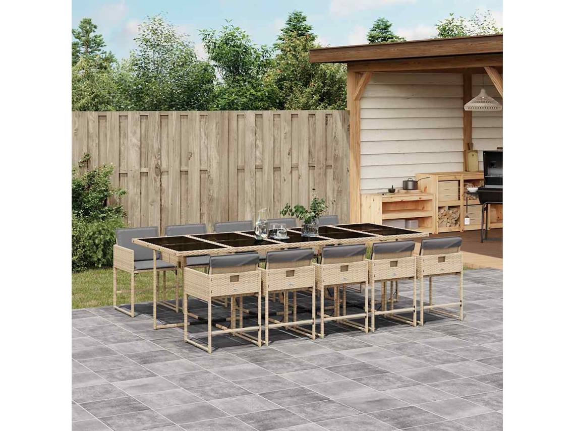 Vidaxl 11 Pcs Conj. Jantar Jardim C/ Almofadões Vime Pe Bege Misturado