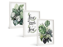 Galeria De Pinturas Murais Plantas Folhosas, Viver, Rir, Amar Moldura Branca Quadros Para O Escritório Espelharte (3 Piezas De 40x60 Cm)