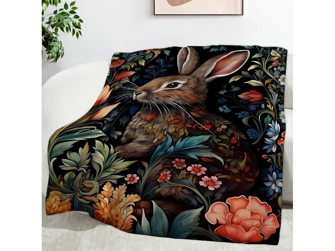 Manta com Estampa de Coelho e Flores 180x200 Cm Multifuncional Macia Aconchegante em Flanela Ideal para Cama e