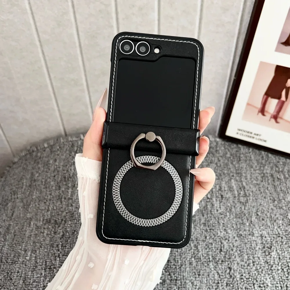 (preto, Galaxy Z Flip5) Capa De Celular Com Textura De Abacaxi Em Couro Fosco E Suporte Magnético Para Anel.