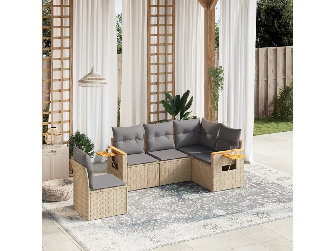 Vidaxl 5 Pcs Conjunto De Sofás P/ Jardim Com Almofadões Vime Pe Bege