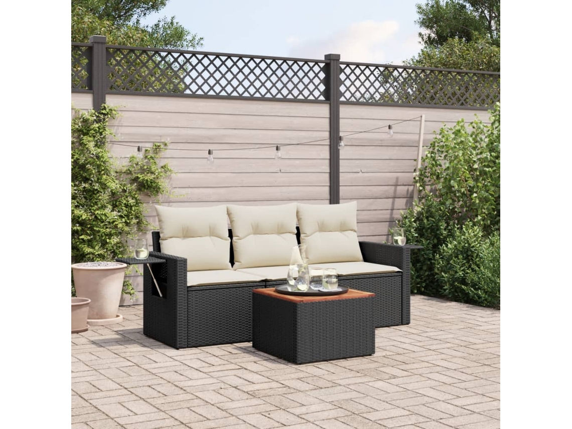 Vidaxl 4 Pcs Conjunto De Sofás Para Jardim C/ Almofadões Vime Pe Preto