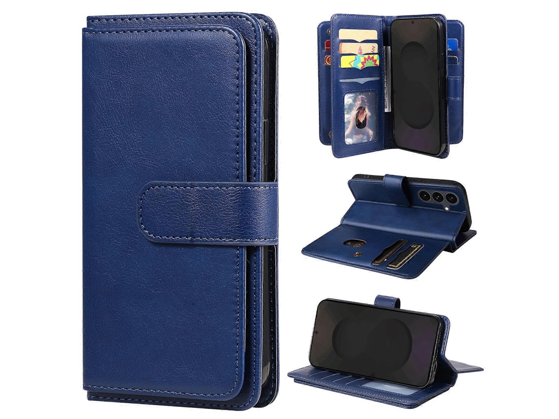 Capa De Couro Com Suporte Para 10 Cartões Para Samsung Galaxy S25 Fe, Azul