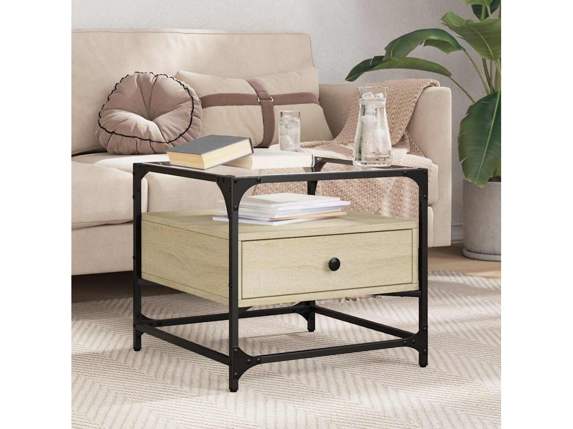 Vidaxl Mesa De Centro C/topo De Vidro 50x50x45cm Carvalho Sonoma Aço