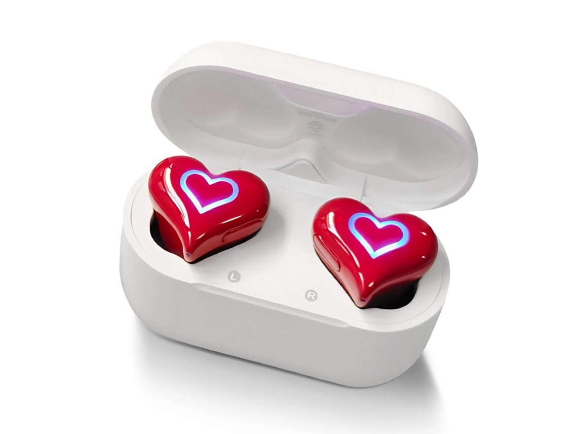 Fones Coração com Luz, Sem Fio, Estojo, Estéreo Hifi, Cancelamento Ruído Vermelho JIAPEI