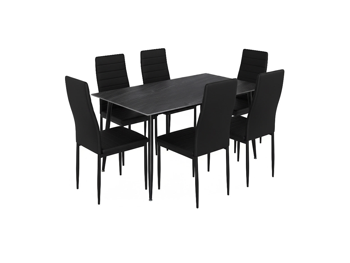 Mesa De Jantar De 160 Cm, Cinza Escuro 6 Cadeiras Em Couro Sintético, Pretas Saldosystocks