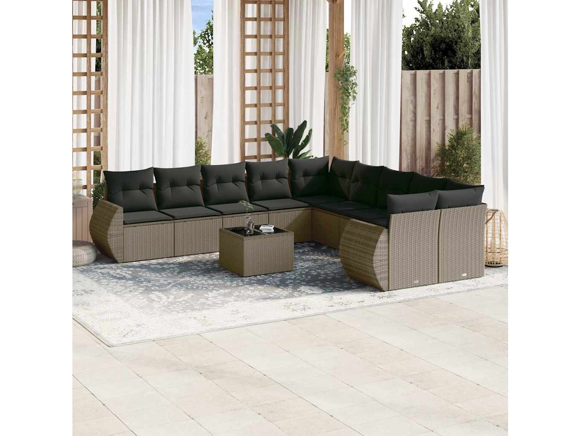Vidaxl 11 Pcs Conjunto Sofás De Jardim C/ Almofadões Vime Pe Cinzento