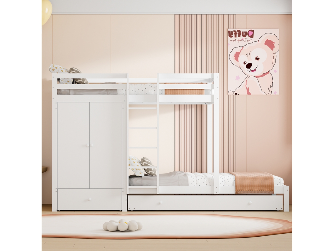 Beliche De Madeira Maciça 90x200 Cm Com Cama Auxiliar, Guarda-roupa, Gavetas E Prateleira, Cama Infantil Multifuncional, Branca