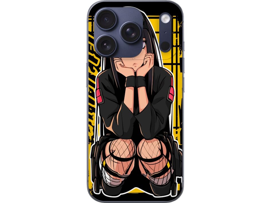 Capa Para Celular Compatível Com Apple Iphone 17 Pro. Figura Inspirada Em Anime Com Olhos Brilhantes E Roupa Escura Em Pose Descontraída Contra Um Fun