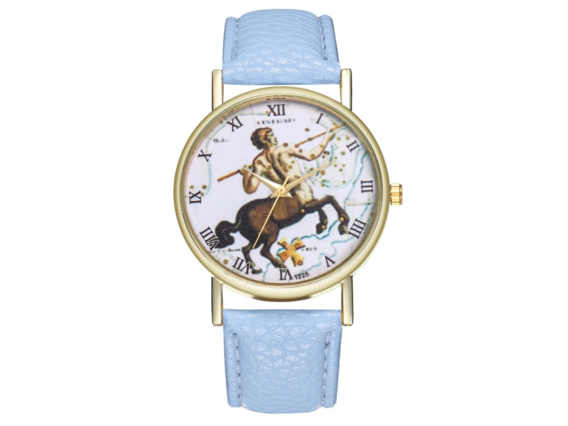 Relógio de Quartzo com Pulseira de Couro Pu e Mostrador de Sagitário Azul Claro