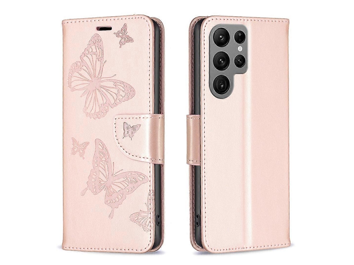 Capa De Couro Com Estampa De Duas Borboletas Em Relevo Para Samsung Galaxy S23 Ultra 5g